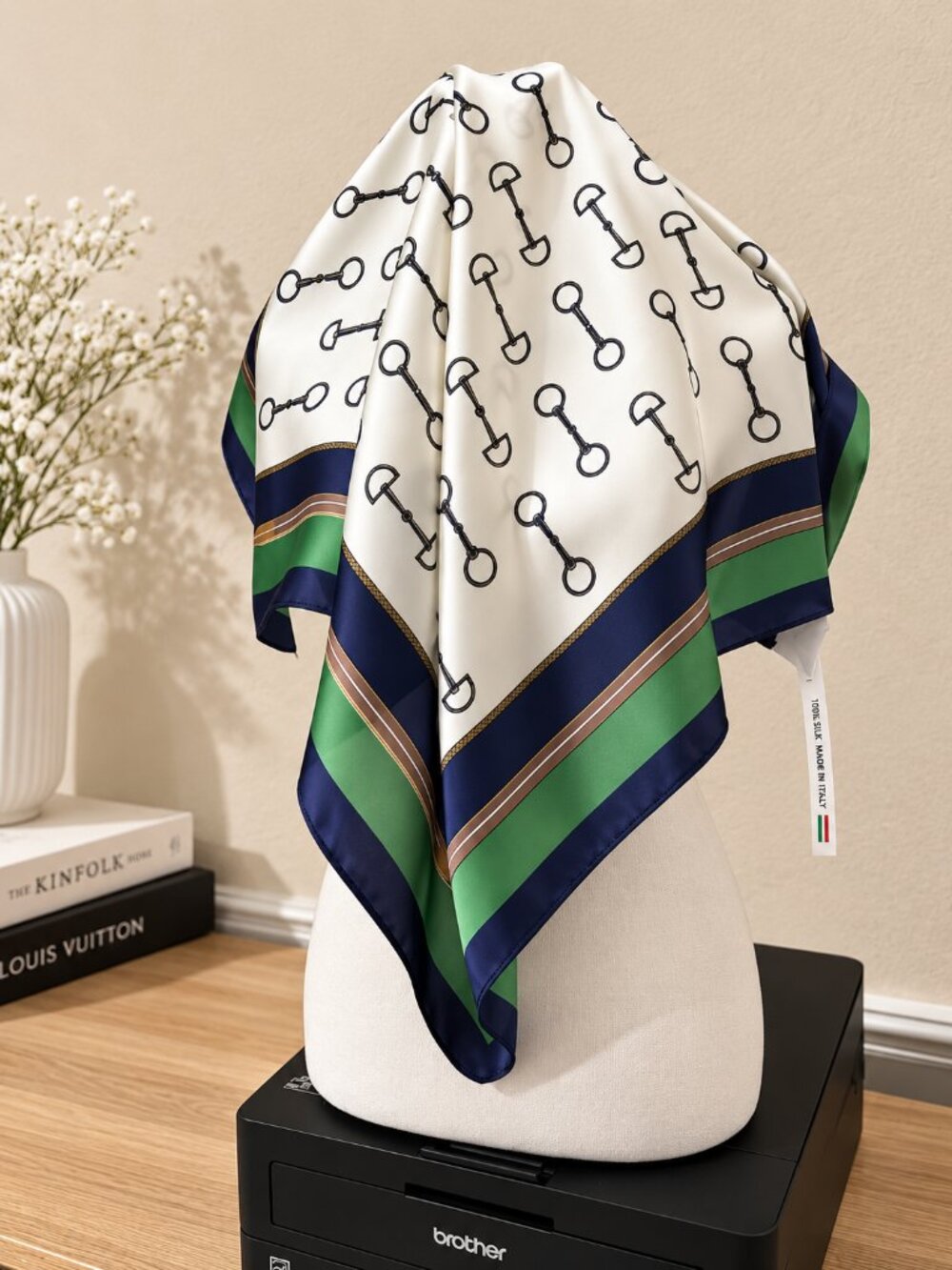 100% Silk Scarf 26x26 Equestrian Horse Bit Print Green Navy Ivory Square